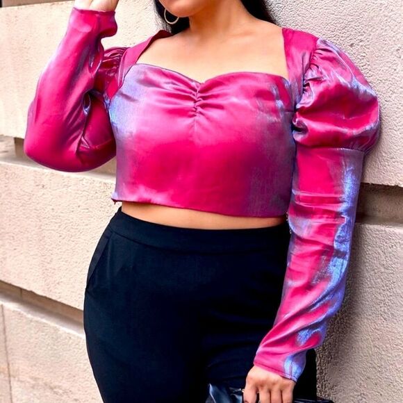 Iridescent Fuschia Balloon Sleeve Blouse - Picture 1 of 5